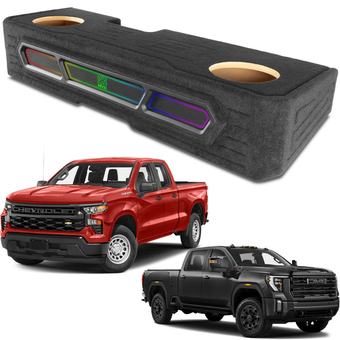 Custom Dual 10" Under-seat Ported Unloaded Subwoofer Enclosure with LED Lighting for 2019-2024 Chevrolet Silverado and GMC Sierra Crew Cab Trucks | BE-GM-19SLVCC-P210