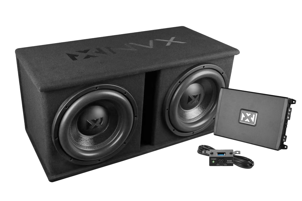 NPKG212 1000W Peak (500W RMS) Loaded Dual 12" Subwoofer with Slot Ported Enclosure and Monoblock Amplifier with Remote Bass Knob