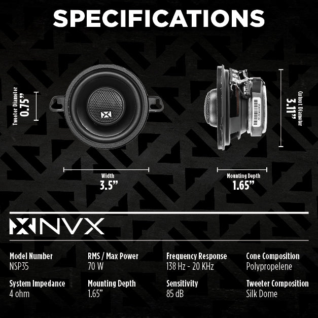 NSP35 200W Peak (70W RMS) 3.5" N-Series 2-Way Coaxial Car Speakers with 20mm Silk Dome Tweeters