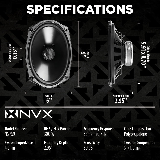 NSP69 900W Peak (300W RMS) 6x9" N-Series 2-Way Coaxial Speakers with 20mm Silk Dome Tweeters