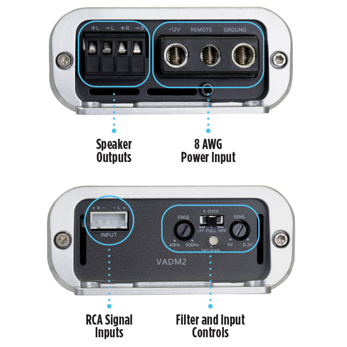 VADM2 440W RMS V-Series Micro Full-Range Class-D 2-Channel Amplifier (Marine Certified)